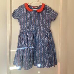 Mini Boden Collared Nostalgic Dress in Blue Geo Birds 5-6
